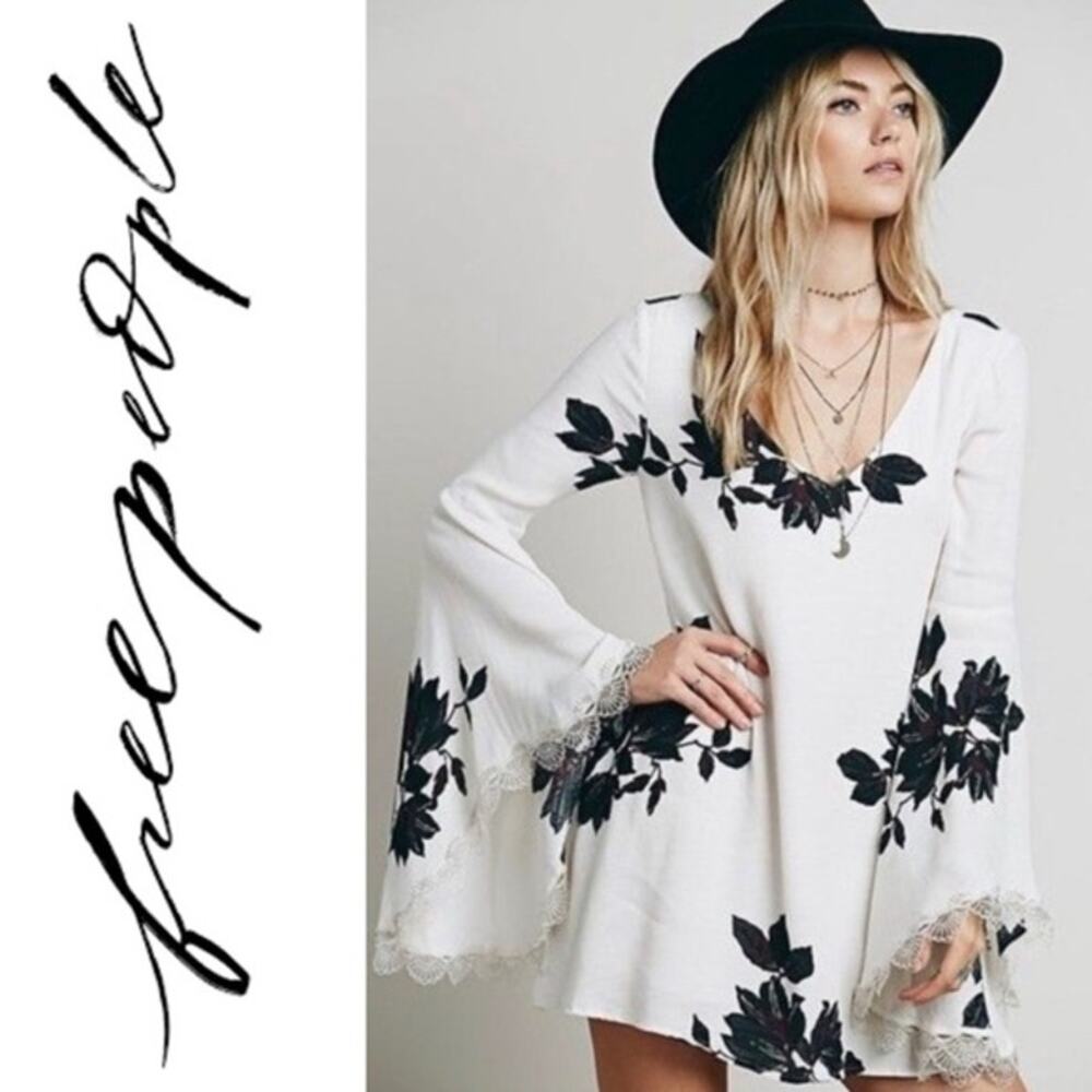 Free People Dress Wanderer Mini Floral Lace Boho Romantic Black Cream Size XS